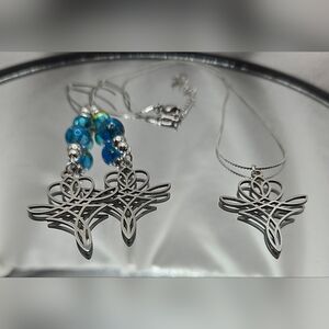 Elegant Silver Cross Pendant Necklace and Blue Beaded Earrings Set